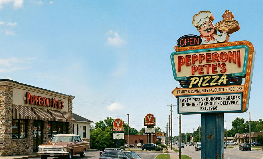 Pizza shop pylon sign visible from the street, drawing drivers and foot traffic